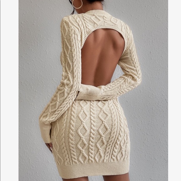 Cut Out Backless Cable Knit Long Sleeves Sweater Dress Sexy - Picture 8 of 9